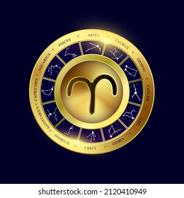 Aries zodiac coin. Witchcraft astrology for zodiac constellations. Modern magic divination. Gold coins sign isolated on a blue background esoteric. Realistic 3D vector EPS10 illustration.