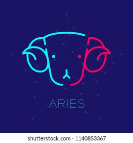Aries Zodiac constellation logo icon outline stroke set dash line design illustration isolated on dark blue background with aries text and copy space