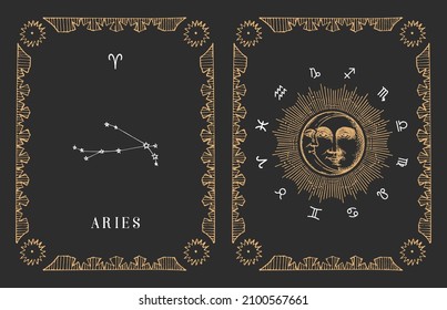 Aries zodiac-Sternbild auf schwarzem Hintergrund, gezeichnete Horoskop-Karte im Gravierstil. Vintage Illustration astrologischer Zeichen mit Sonne und Crescent in Vektorgrafik.