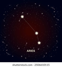 Aries zodiac constellation vector illustration featuring bright stars connected by lines, set against a dark night sky filled with stars, planets, and cosmic elements. 