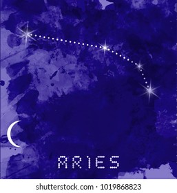 Aries zodiac constellations sign on beautiful starry sky with galaxy and space behind. Aries horoscope symbol constellation on deep cosmos background. vector watercolor style