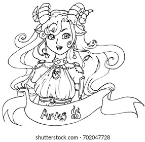 Aries - Zodiac hand drawn illustration, woman with horns, beautiful design for coloring book, t-shirt, apparel, tattoo.