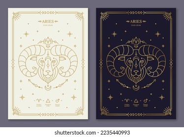 Aries zodiac horoscope golden signs dark navy and white cards set. Ram stylized symbols of esoteric, zodiacal astrological calendar, horoscope constellation, cover design thin line vector illustration