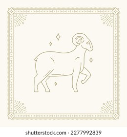 Aries zodiac horoscope line art deco antique golden ornament vintage card design vector illustration. Astrology horned ram symbol mythology lunar calendar prediction constellation decorative artwork