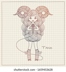 Aries zodiac horoscope sign and copybook paper background. Cute singing girl. Vector hand drawing illustration