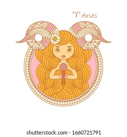 Aries zodiac horoscope sign. Cute singing girl. Vector color illustration