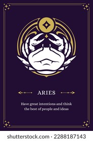 Aries zodiac horoscope vintage poster with description purple ornate design template vector illustration. Ram astrology lunar calendar future prediction fortune mythology celestial decorative frame