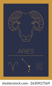 Ilustração do zodíaco de Aries com cabeça de carneiro, símbolo e constelação; perfeito para cartazes de astrologia, impressões, cartões, tatuagens, uso digital ou decoração.