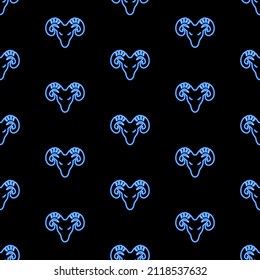 Aries zodiac seamless pattern, bright vector illustration on black background.