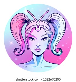 Aries zodiac sign artwork, beautiful girl face, horoscope symbol, star sign, vector illustration
