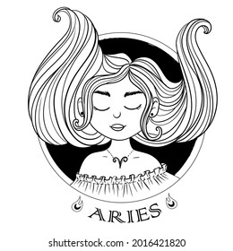 Aries Zodiac sign. Astrological black-white icons. A set of pretty girls with different hairstyles. Astronomy. Vector illustration isolated on white background.