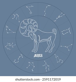 Aries zodiac sign in astrological circle with zodiac constellations, horoscope. Blue and white design