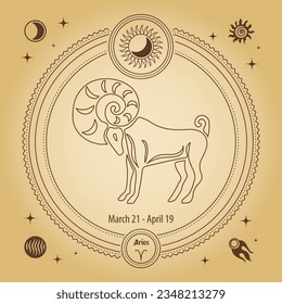 Signo de Aries Zodiac, signo de horoscopio astrológico. Dibujo de esquema en un círculo decorativo con símbolos astronómicos místicos. Vector	
