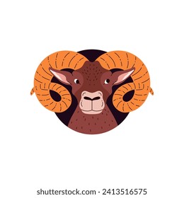 Aries zodiac sign. Astrological zodiac icon, ram head in black circle frame. Flat design Aries symbol. Horoscope symbol isolated on white background vector illustration