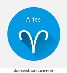 Aries zodiac sign. Astrological symbol icon in circle with  long shadow on blue background. Layers grouped for easy editing illustration. For your design.