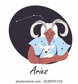 Áries, signo do zodíaco, horóscopo de avatar. Personagem mulher moderna, personalidade astrológica elegante. Menina na moda com chifres, com cordeiro, cabra, símbolo astrológico. Ilustração vetorial gráfica plana.