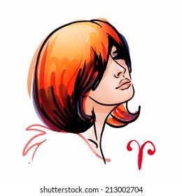 Aries zodiac sign as a beautiful girl. Ink and watercolor fashion vector illustration 