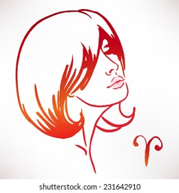 Aries zodiac sign as a beautiful girl. Ink and watercolor fashion vector illustration 