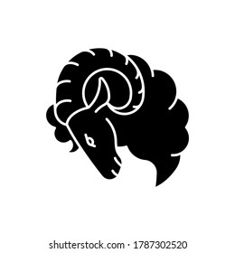 Aries zodiac sign black glyph icon. Horoscope ram silhouette symbol on white space. Astrological birth sign. Horned farm animal, herbivore livestock, domestic cattle. Vector isolated illustration