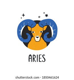 Aries zodiac sign. Bright astology icon with handwritten title isolatedon a white background. Vector shabby hand drawn illustration