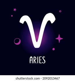 Aries zodiac sign card, banner or highlight story cover for social media, blog, website. Bright caption astrology symbol and shining stars. Vector flat hand drawn illustration
