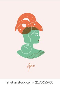 Aries zodiac sign card. Female green silhouette with a horned animal on her head. Vector illustration of an astronomical sign with a girl isolated. Aries zodiac horoscope.