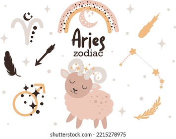 Aries zodiac sign clipart - cute kids horoscope, zodiac stars, constellation, rainbow, planet, leaves, arrow and comet isolated Vector illustration on white background. Cute vector astrological charac