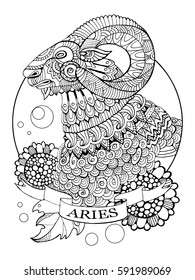 Ilustración vectorial del libro de coloreado de signo zodiaco Aries. Lápiz de tatuaje. Líneas en blanco y negro. Patrón de encaje