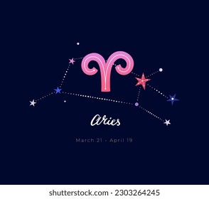 Aries zodiac sign with constellation and hand lettering isolated on dark background. Vector illustration EPS 10.