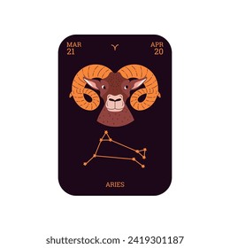 Aries zodiac sign, Aries constellation, March 21 - April 20 dates, ram head. Astrological zodiac icon on black card. Flat design Aries Horoscope symbol vector illustration.