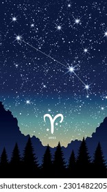 Aries zodiac sign, constellation in the night sky, card for stories with copy space for text. Template for astrology, fortune teller, calendar. Modern vector illustration.