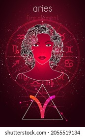 Aries zodiac sign, constellation and portrait beautiful girl on abstract background with horoscope circle. Mysticism, esoteric, astrology. Fire element.