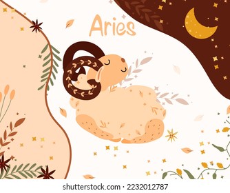 Signo de Aries zodiac. Banner lindo con Aries, estrellas, flores y hojas. Signo astrológico del zodiaco. Ilustración vectorial.