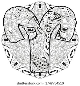 Aries zodiac sign cute cartoon lion character retro zentangle stylized in vector with mandala