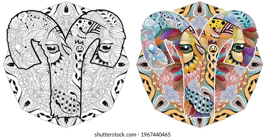 Aries zodiac sign cute cartoon lion character retro zentangle stylized in vector with mandala