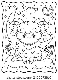 Aries, zodiac sign, cute lamb, moon and stars. Cute animals. Coloring page, book ha, black and white vector illustration.