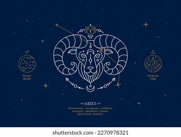 Aries zodiac sign with description of personal features. Astrology horoscope card with zodiac constellation on dark blue sky thin line vector illustration