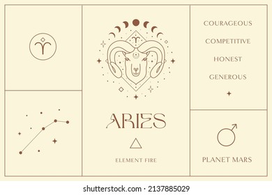 Aries Zodiac Sign Design, Esoteric Abstract Logo, Mystic Spiritual Symbols, Icons. Astrology, Moon and Stars, Magic Esoteric Art.