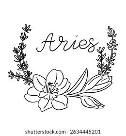 Aries zodiac sign with elegant handwritten text surrounded by floral wreath. Astrology and botanical concept combining celestial energy and springtime nature