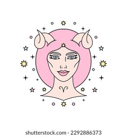 Aries zodiac sign with female face in linear style. The illustration can be used in your projects related to graphics, web design, illustrations and others.