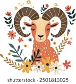 Aries zodiac sign with floral flora, vector illustration, white isolated background.