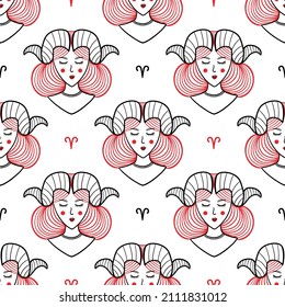 Aries zodiac sign girl vector seamless pattern background for astrology, horoscope design.
