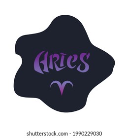 Aries zodiac sign hand lettering. The purple gradient on deep blue background. Calligraphy. Astrology, astronomy, birth sign