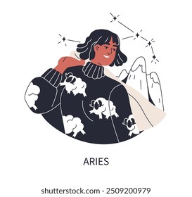 Áries, signo do zodíaco, avatar horóscopo. Mulher moderna na moda personagem, personalidade astrológica elegante. Menina com carneiro, símbolo de astrologia. Ilustração vetorial gráfica plana isolada no plano de fundo branco