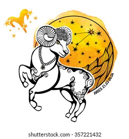 Aries zodiac sign .Horoscope constellation,stars in circle composition.Watercolor stein,hand painting spot.White background.Symbol,sign of fire.Sheep,ram  animal.Artistic Vector  Illustration. 
