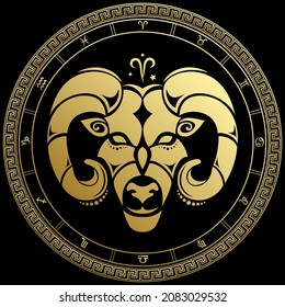 Aries. Zodiac Schild. Horoskop. Goldener Kreis auf schwarzem Hintergrund.