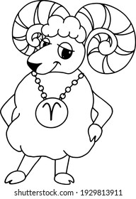 Aries zodiac sign, horoscope. Smiling ram with a medallion, a ram sign on the medallion. Design element, line art, outline.