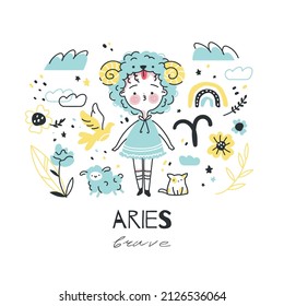 Aries zodiac sign illustration. Astrological horoscope symbol character for kids. Colorful card with graphic elements for design. Hand drawn vector in cartoon style with lettering