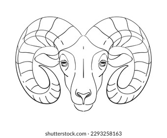Aries zodiac sign, line drawing by hand, symbol for astrology, ram head icon for farm. Simple vector sign, illustration isolated on white.