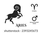 Aries zodiac sign. mars ruling planet symbol. horoscope and astrology icons. isolated vector image